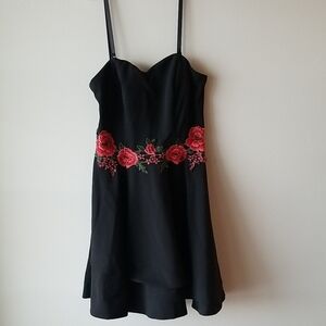 Elegant Black Dress with Red Floral Embroidery